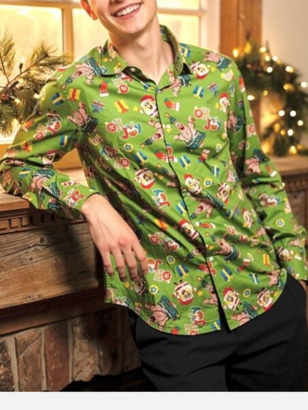 Men's Suitmeister SpongeBob Christmas Holiday Green Button-Up Shirt - Size M